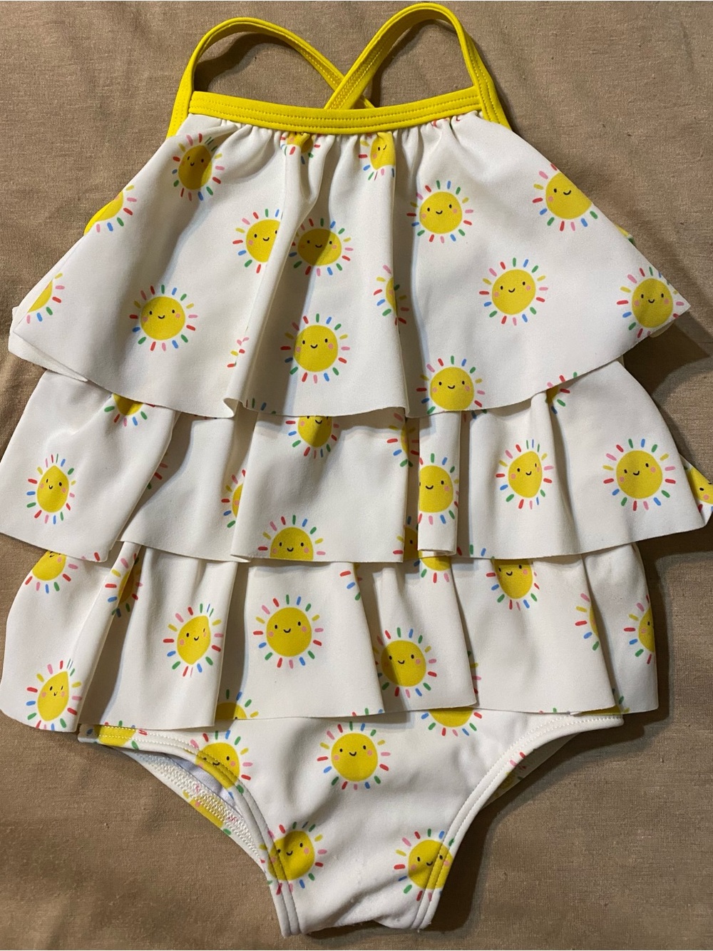 Baby Boden White One-Piece Swimsuit with Yellow Sun Print